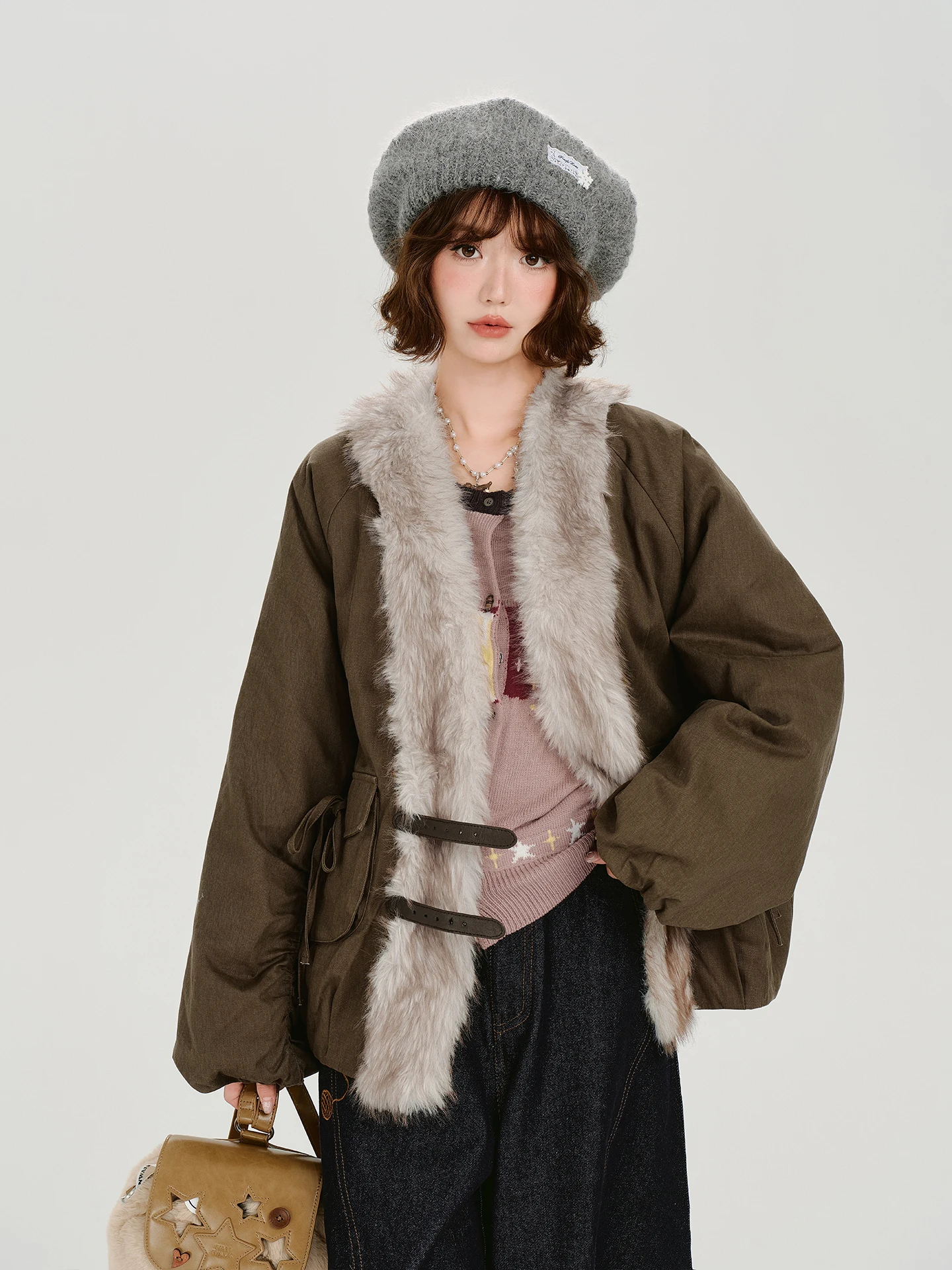 

Женское пальто в американском ретро-стиле с меховым воротником, свободного кроя, хлопковая куртка с пуговицами, повседневная, с длинными рукавами