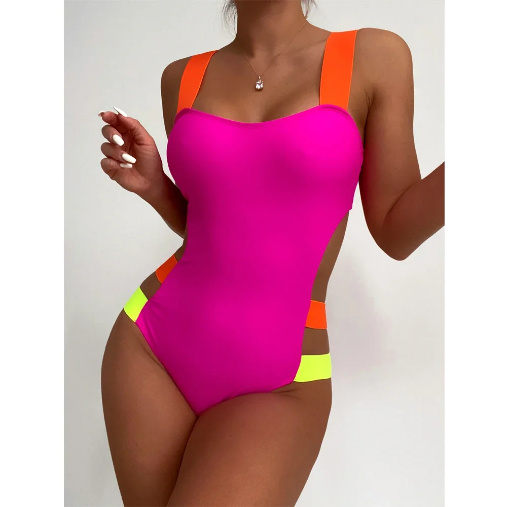 Color Block One-piece Swimsuit 2023 Women Neon Bandage Bikini High Waist Hollow Out Swimwear Rose Red Slim Backless Monokini