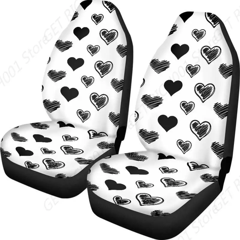 Black Heart Tile Pattern Print Breathable Car Seat Cover Black White Cartoon Love Painting Fit Four Seasons Car Protector