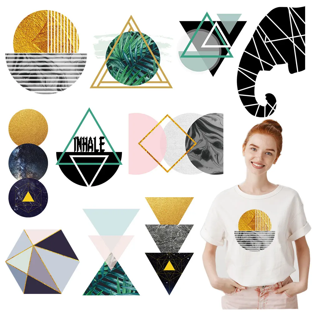 Clothes Stickers Abstract Art Geometry Patches For Girl Garment Elephant Circle Triangle Heat Transfer Diy Space Appliques New