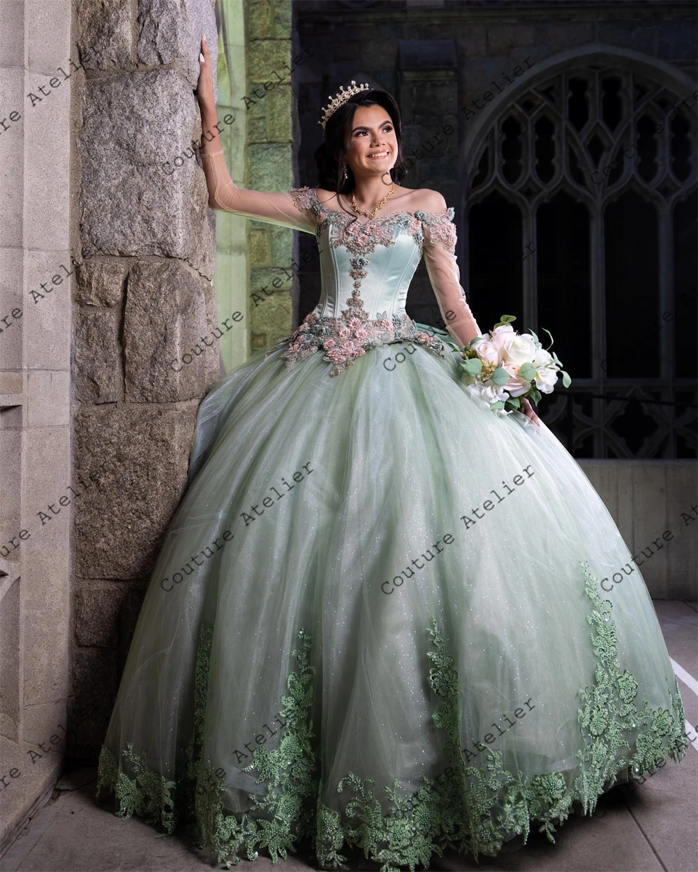 Sage Green fora do ombro vestido Quinceanera com arco, vestido de baile, vestido inchado, apliques de renda, design do 18 ° aniversário