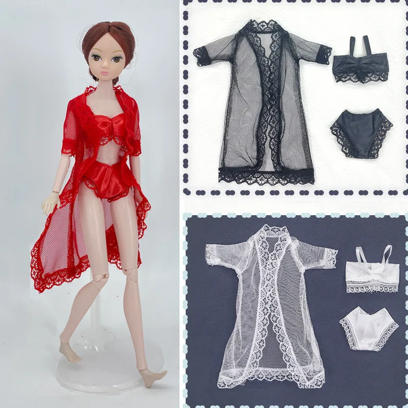 3pcs/set Doll Accessories Black Sexy Pajamas Lingerie Nightwear Lace Long Coat Night Wear Bra Underwear Clothes For Barbie Doll