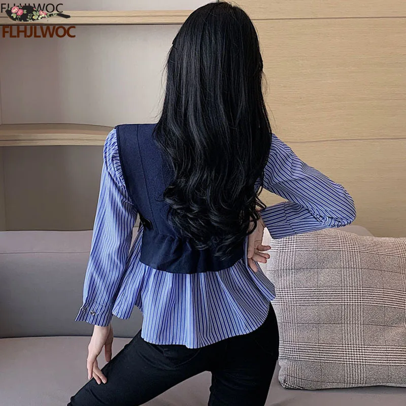 Hot Sales New Design Womens Fashion Cute Sweet Preppy Style Girls Patchwork Striped Tops Fuax Two Piece Knitted Sweater Shirts