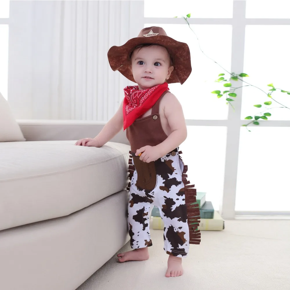 Toddler Baby Boy Western Cowboy Costume Cow Print Fringe Overalls Sheriff Hat Red Bandana Kids Halloween Party Cosplay Outfit