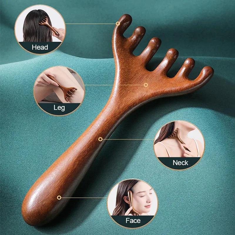 Wooden Meridian Massage Comb  Promote Blood Circulation Body Anti-static 6-Claw Head Massager BGua Sha Tool AMS05