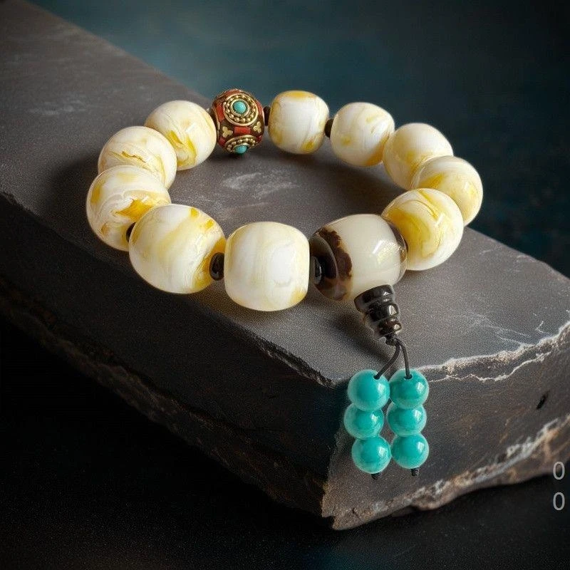 Tibetan-style Nepalese , Russian white amber, vintage beads, three-way turquoise bracelet, elegant design