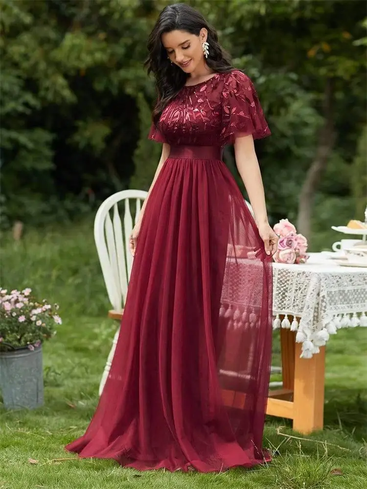 2023 New Women\'s Burgundy A-Line Sequin Mesh Leaf Maxi Prom Dress Sparkle Evening Dresses O-Neck Short Sleeve Long Dress