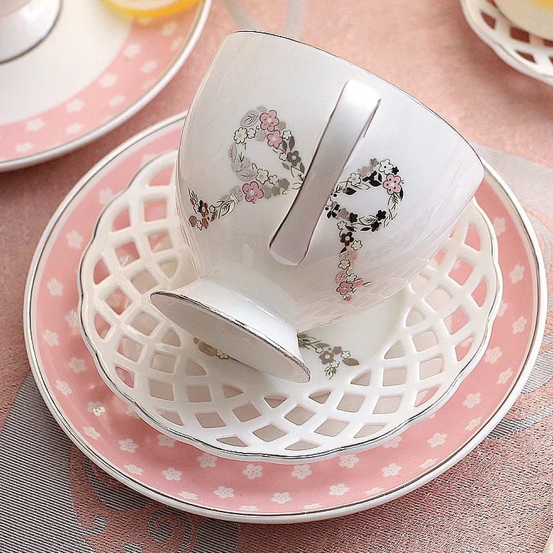 European Ceramic Coffee Cup Saucer Set, Gold Trimmed Bone China with Bowknot Hollow-out Elegant Home Use Tea Cup Mug for Gift