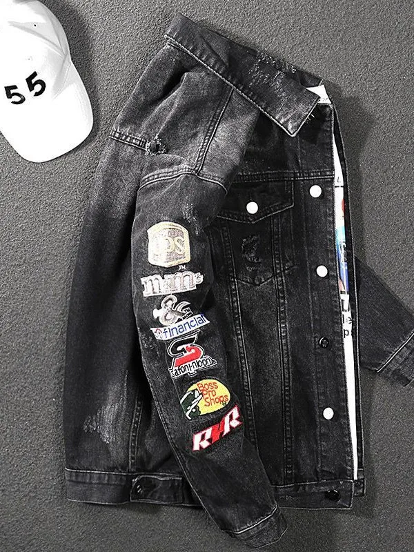 

Casual Loose Men's Denim Jaet Autumn New Sle Student Faion Brand Jaet with Hole Design for Youth And Teenagers