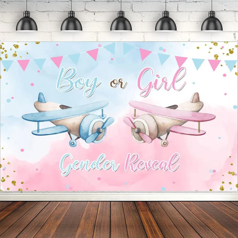 Gender Reveal Photography Backdrop Boys Or Girls Baby Shower Party Banner Decor Aircraft Plane Pink Or Blue Clouds Background