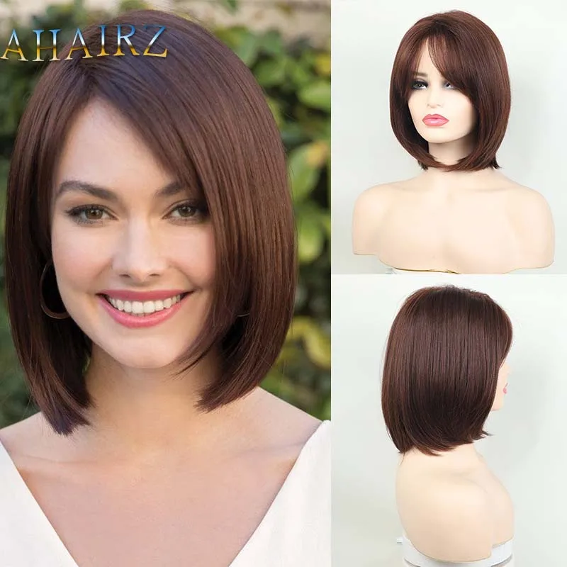 

Dark Brown Short Straight Synthetic Wig for White Women Party Daily Cosplay Use Wig Heat Resistant