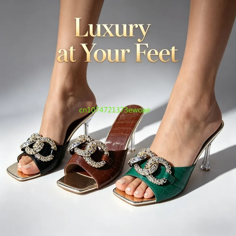 

Bling Metal Buckle High Heels Women Sandals Square Toe Slippers Woman Summer Brand New Sexy Party Dress Pumps Shoes Flip Flops