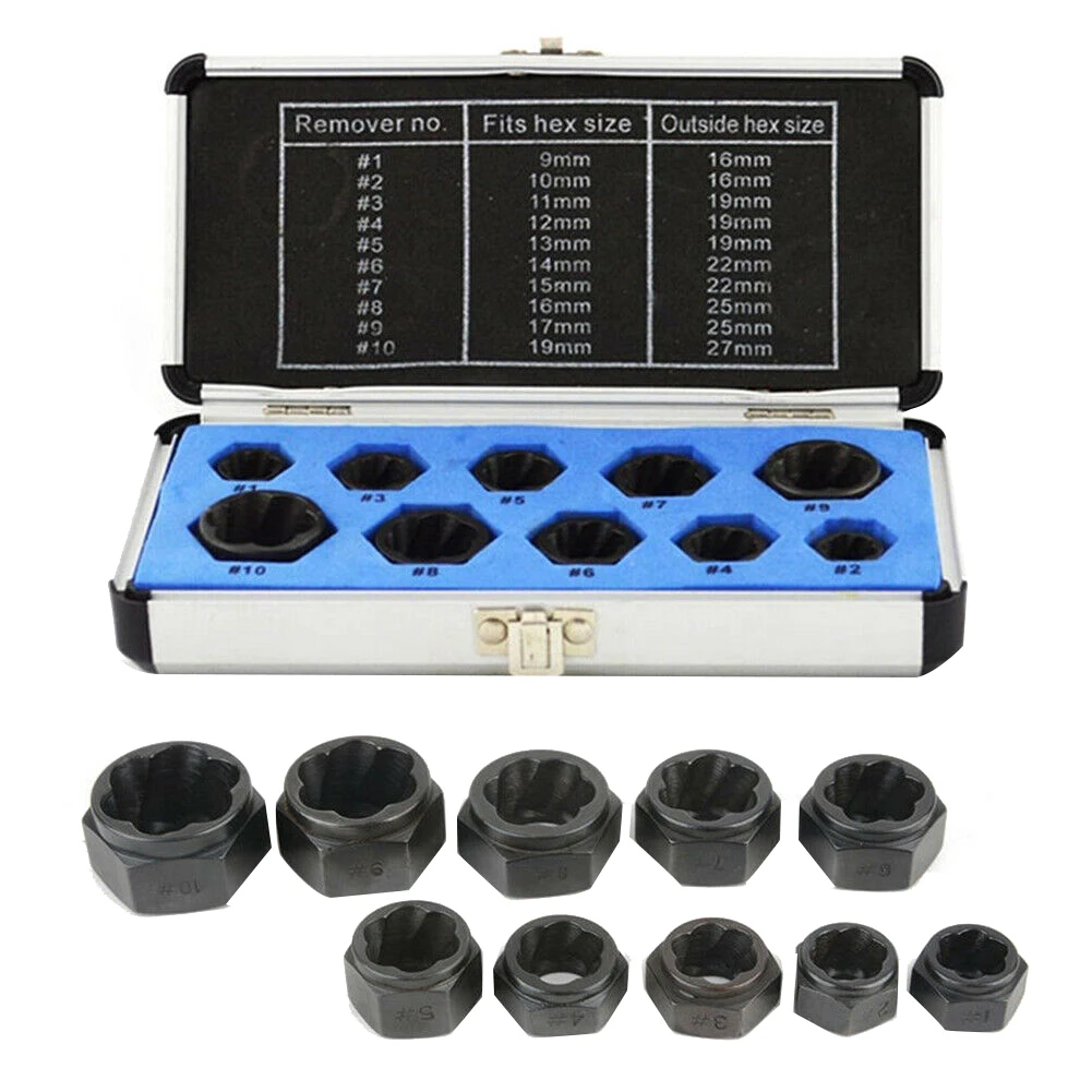 

10Pcs 9-19mm Bolt Nut Remover Extractor Set Damaged Stripped Socket Wrench Tool