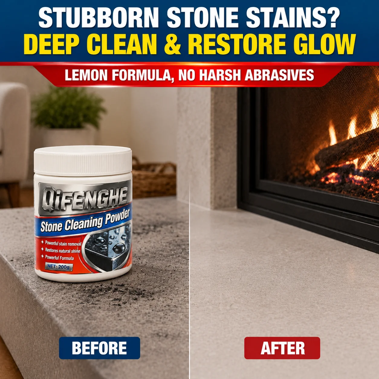 Heavy Duty Stone Cleaning Powder for Fireplace Hearth Remove Soot Stains Restore Stone Color 200g with Sponge