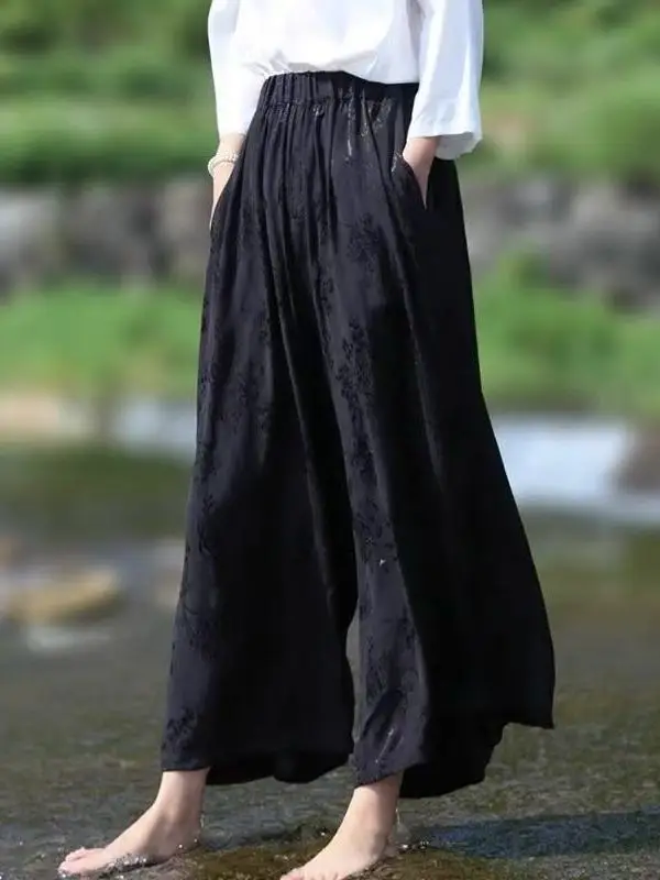 

Ele Bla Шелковая широкая длинная юбка Брюки Повседневная Свободная посадка Подходящая повседневная одежда Однотонная резинка на талии...