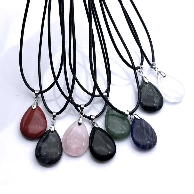 

10pcs 18x25mm Natural Stone Water Drop Pendant Tiger Eye Obsidian Rose Quartz Crystal Charms Necklace Free Rope Chain Making ACC