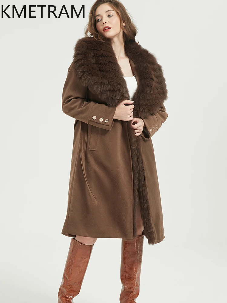 KMETRAM chaqueta acolchada de plumas de ganso blanco para mujer, abrigos largos marrones con cuello de piel de zorro, prendas de vestir exteriores, ropa de invierno, 2025 vestes para mujer