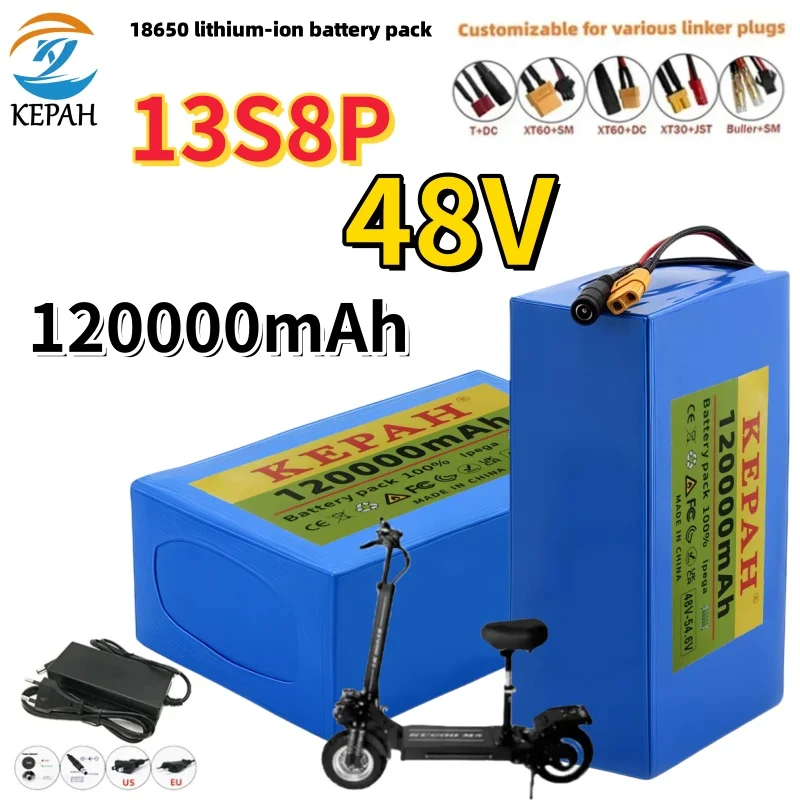 48V 13S8P 120Ah 18650 Rechargeable Li-ion Battery Pack High-Power with BMS for Motorcycle, Scooter, Bicycle