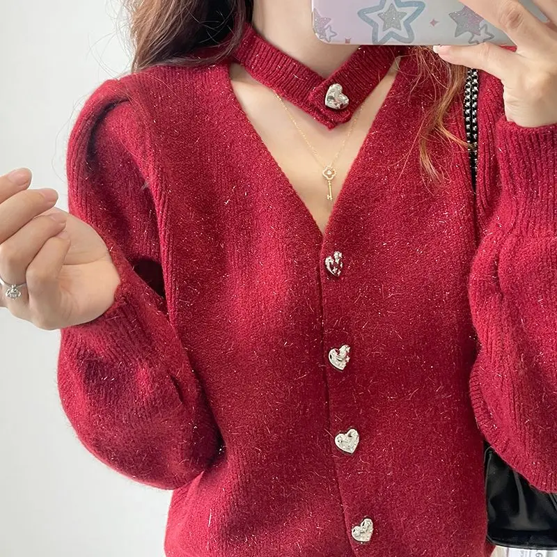 Love Button Knitted Cardigan Women Sweater Cropped Jacket Short Tops Luxury Brand Streetwear Chic Coats Long Sleeves Korean New