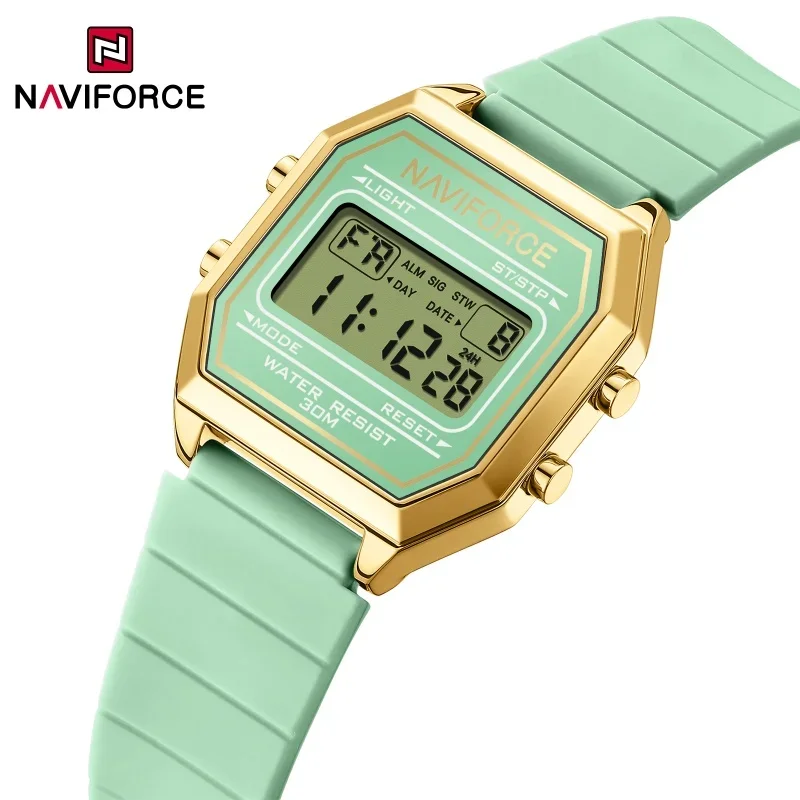 

Лучший бренд NAVIFORCE, роскошные женские цифровые часы с ЖК-дисплеем, силиконовый ремешок, 3 атм, водонепроницаемый дисплей времени, женские модные часы, подарок 2025