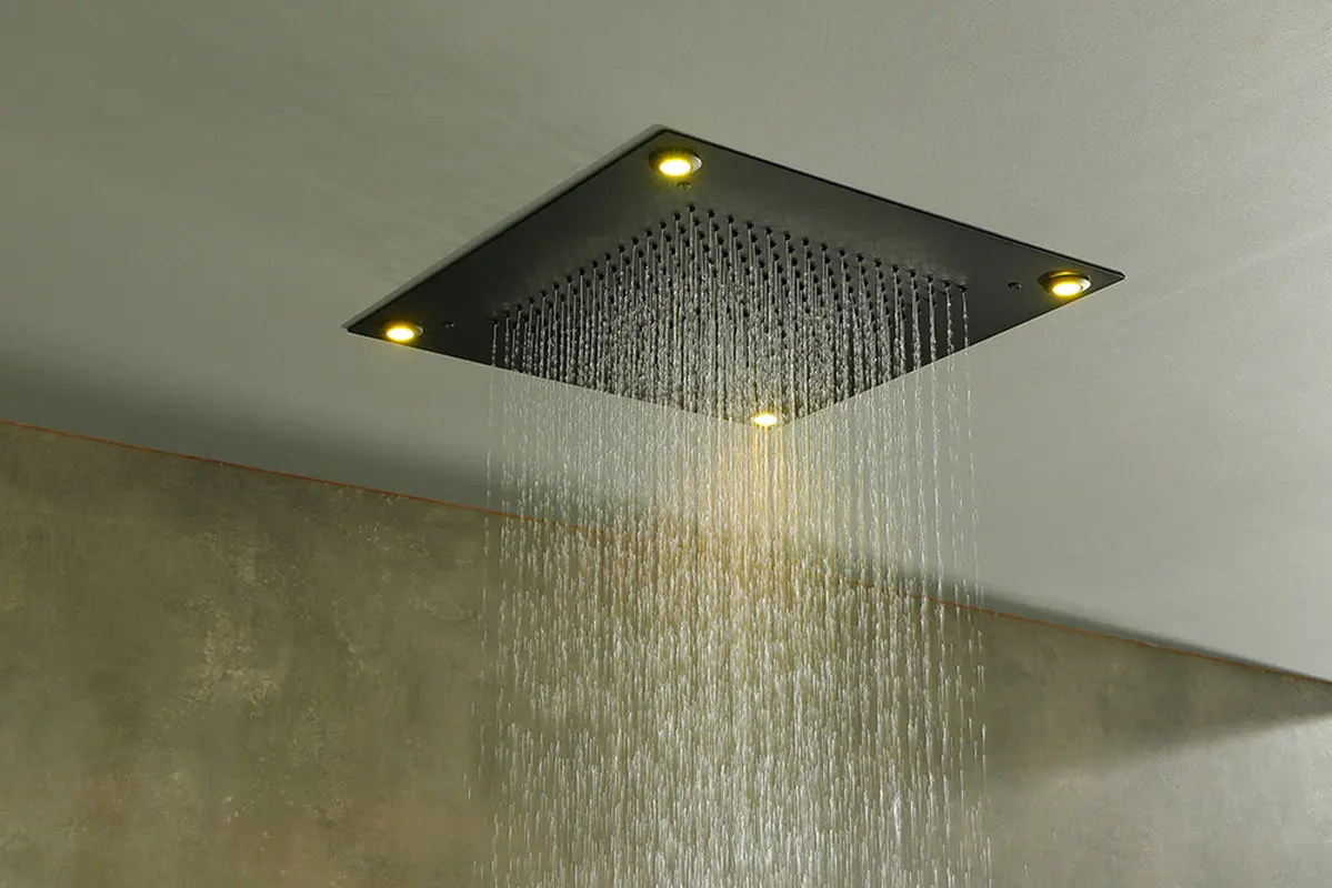 Embedded Sky Shower System in Black, Thermostatic Rotary Switch, with LED Lights, Wall-mounted Water Spray, Made of Solid Copper