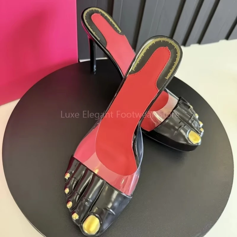 

Gold Five Fingers Suede Stiletto Mules Slippers Women Mixed Colors Slip On Closed-Toe Slippers Fashion PVC Party Slip On Shoes