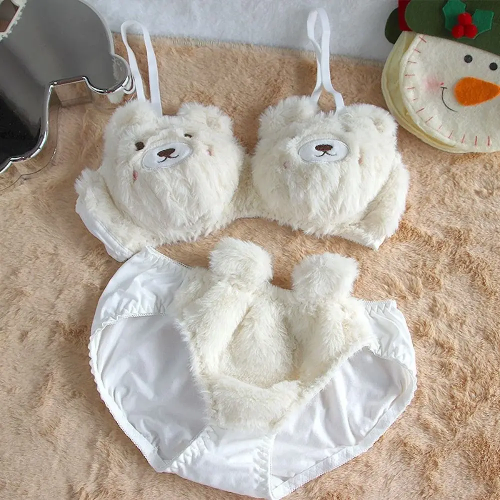 Comfortable Plush Women Lingerie Set Cartoon Bear Soft Winter Bra & Brief Sets With Steel Ring Women Lingerie Girl