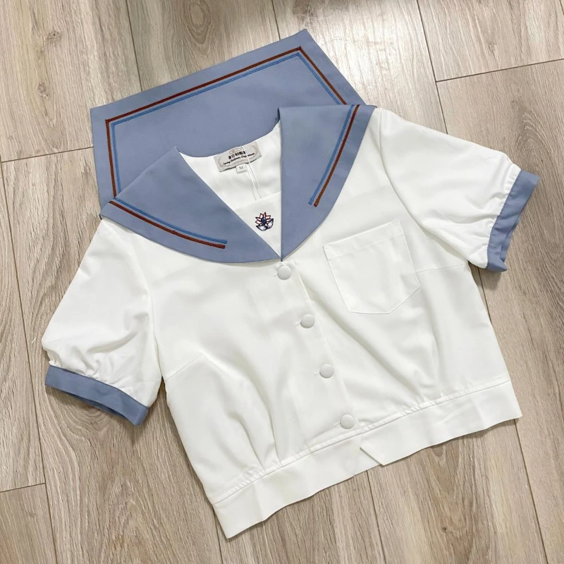 Japanese Jk Uniform Summer Sailor Collar Pocket Blue Short Sleeves Top Light Blue Mini Pleated Skirt Fashion Versatile Set Girls