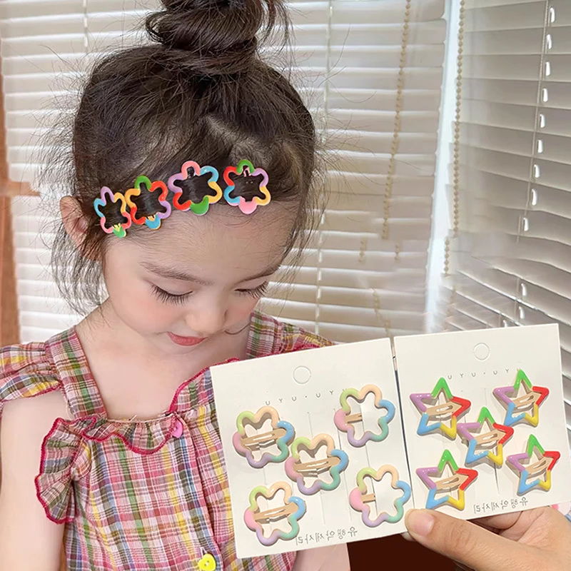 5Pcs/Lot Girls Headdress Rainbow Flower Cute Broken Hair Clips Five Pointed Star Side Bangs BB Hairpin Children Hair Accessories