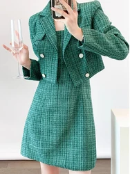 Fashion Green Tweed Two Piece Set For Women Long Sleeve Coat and Mini Dress Suits Work Business Outfits