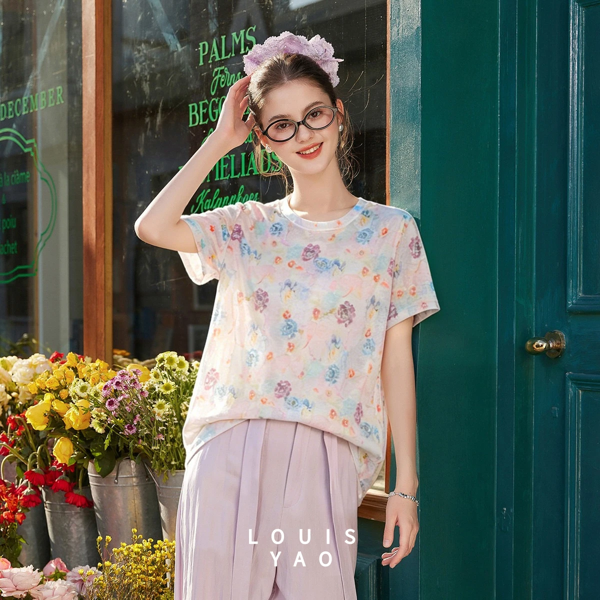 LOUISYAO 2026 Summer Women's Slight Stretch Knit T-Shirt Crew Neck Regular Shoulder Hazy Floral Artistic Casual Top