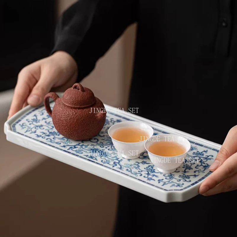 Blue and White Ceramic Tea Tray Household Small Chinese Rectangular Tea Set Tray Heat Insulation Pad Tea Set Accessories