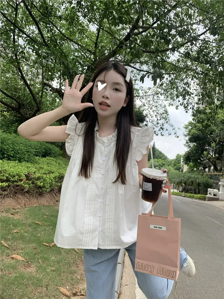 

Camisas De Mujer Sweet Blouse for Women O-neck Sleeveless Summer Shirts Fashion Vintage Tops Korean Ruffles Loose Plaid Blouses