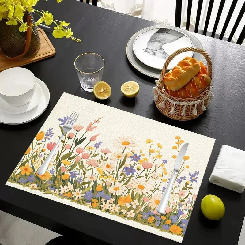 VIKAMA Placemat Yellow Flowers Green Leaves, Waterproof Oil-Proof Heat-Resistant Woven Dining Table Mat for Home