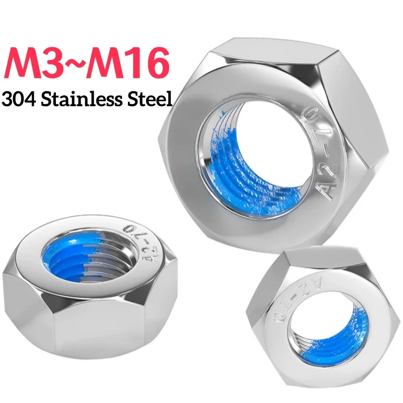 M3 M4 M5 M6 M8 M10 M12 M14 M16 304 Stainless Steel Hex Hexagonal Nuts With Blue Adhesive Coating for Anti-Loosening