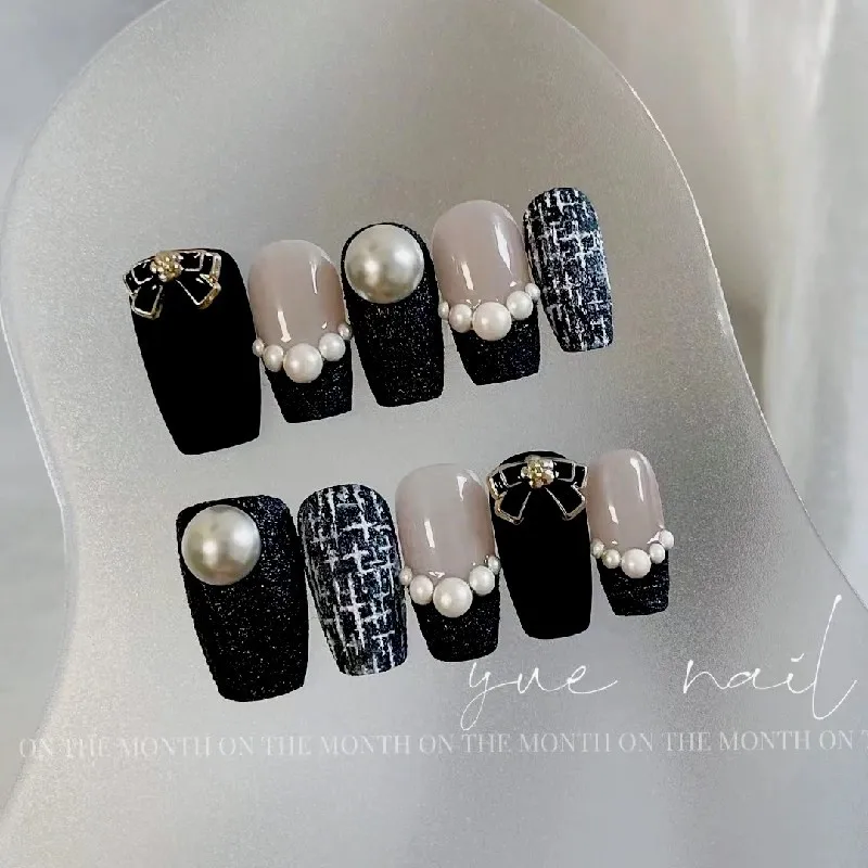 10 Stuks Winter Laddervormige Handgemaakte Kunstnagels Met Lijm Zoete Houndstooth Nail Ontwerp Mode Parel Druk Op Acryl nagel Tips