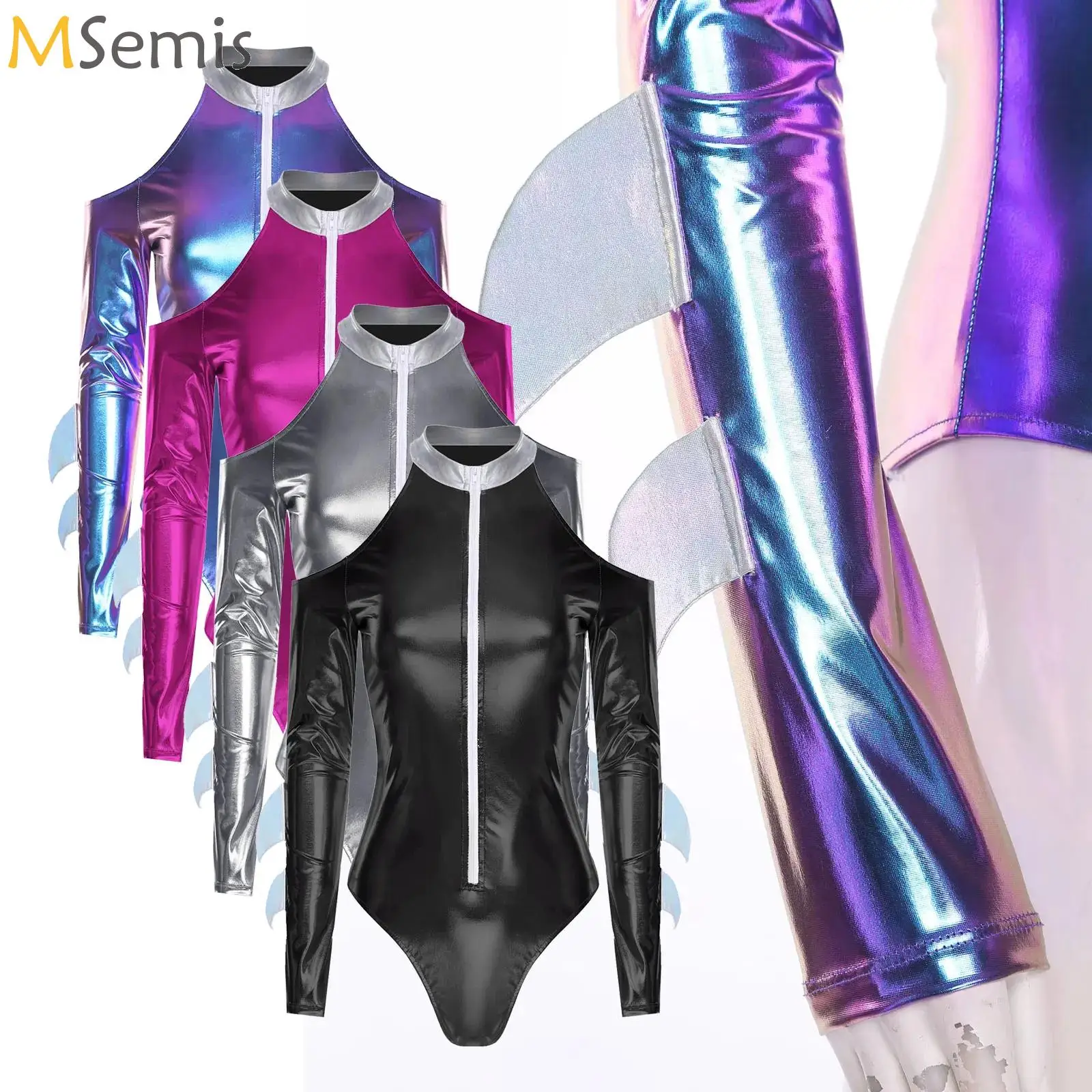 

Womens Metallic Shark Cosplay Bodysuit Athletic Leotard Long Sleeve Fitness Yoga Jumpsuit Halloween Rave Music Festival Costume