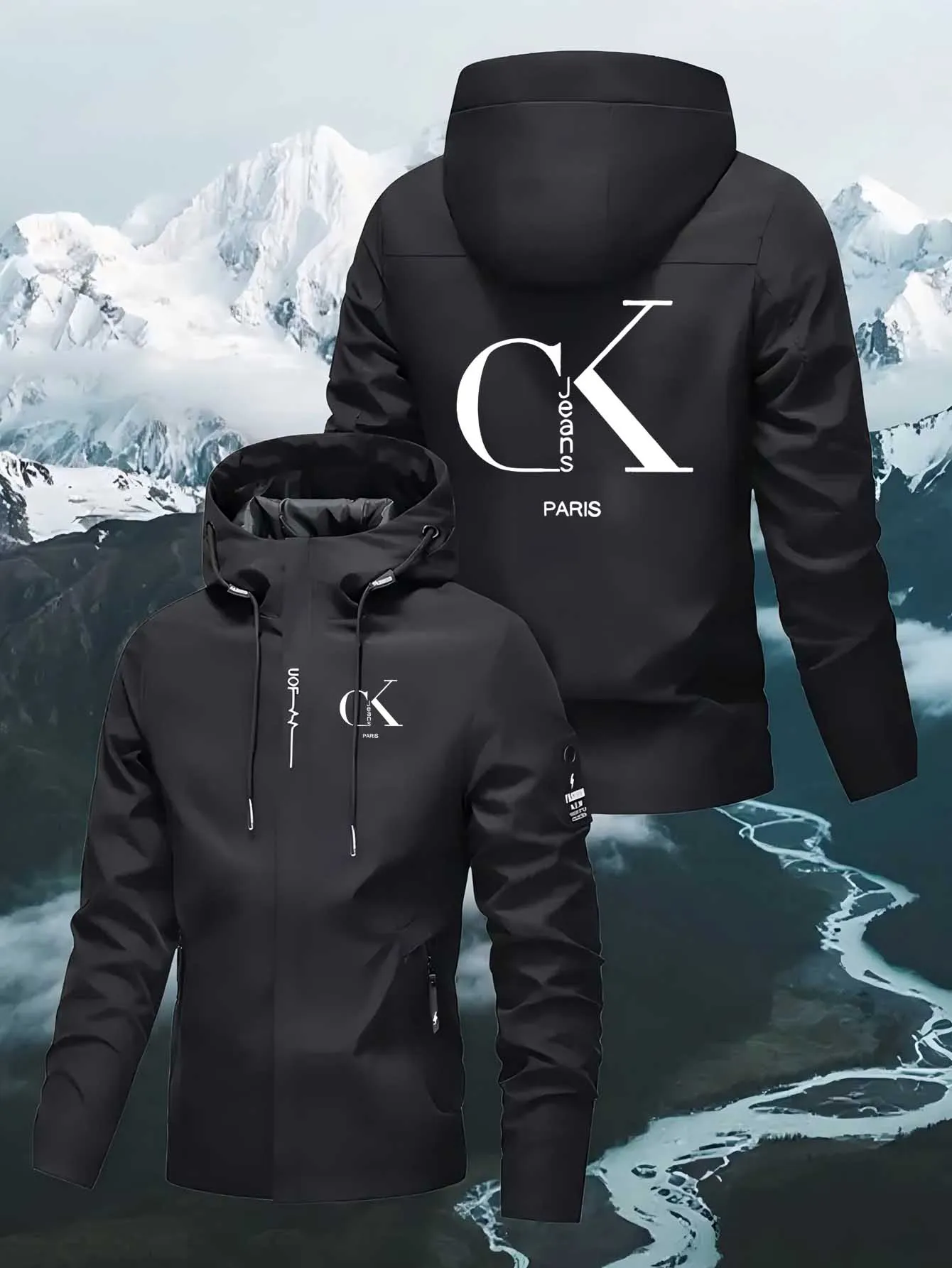

Men'S Zip-Up Jacket - Black with white Print High Collar Zipper Closure Ribbed Cuffs - Formal & cOuterwear for Everyday Special