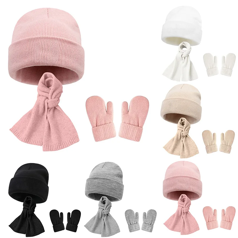 

Children's Knitted Hat Scarf Gloves Three-Piece Set Autumn Winter Warm Pullover Beanie for Boys Girls Solid Color Baby Accessory