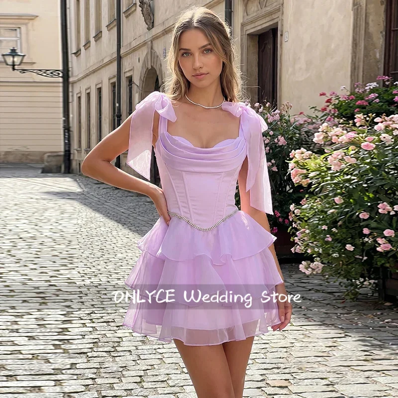 Light Purple Draped Neck Corset Mini Dress Bow Shoulder Straps Rhinestone Waist Tiered Ruffle Short Homecoming Party Dress