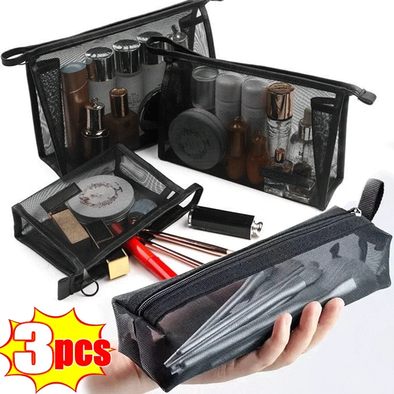 

1/3pcs New Mesh Clear Cosmetic Bags Small Large Black Makeup Bag Portable Travel Toiletry Organizer Case Lipstick Storage Pouch