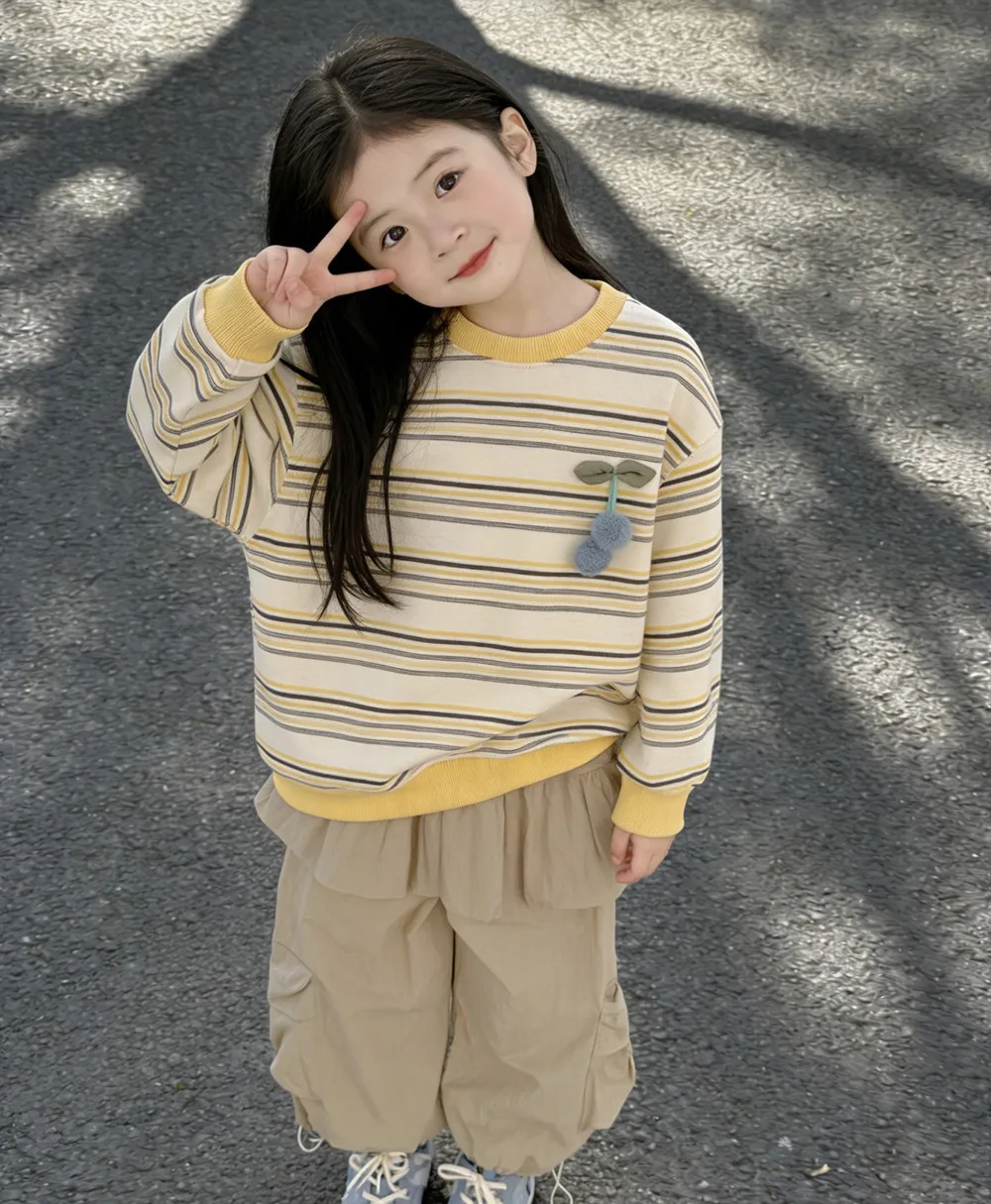

parent-child kids girls clothes baby tops casual sweatshirt Striped floral print three-dimensional cherry decoration sweatshirt