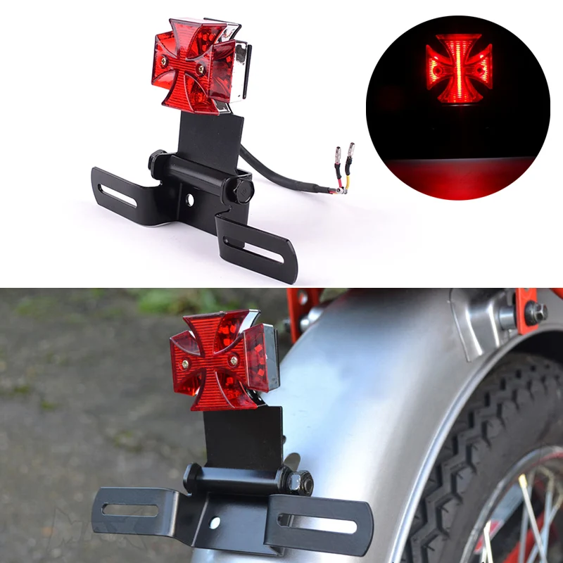 

Red Lens 12V Motorcycle Mini Base Bracket Chrome Maltese Cross LED Tail Brake Rear Warn Number Plate Light Red Univerasal Fit