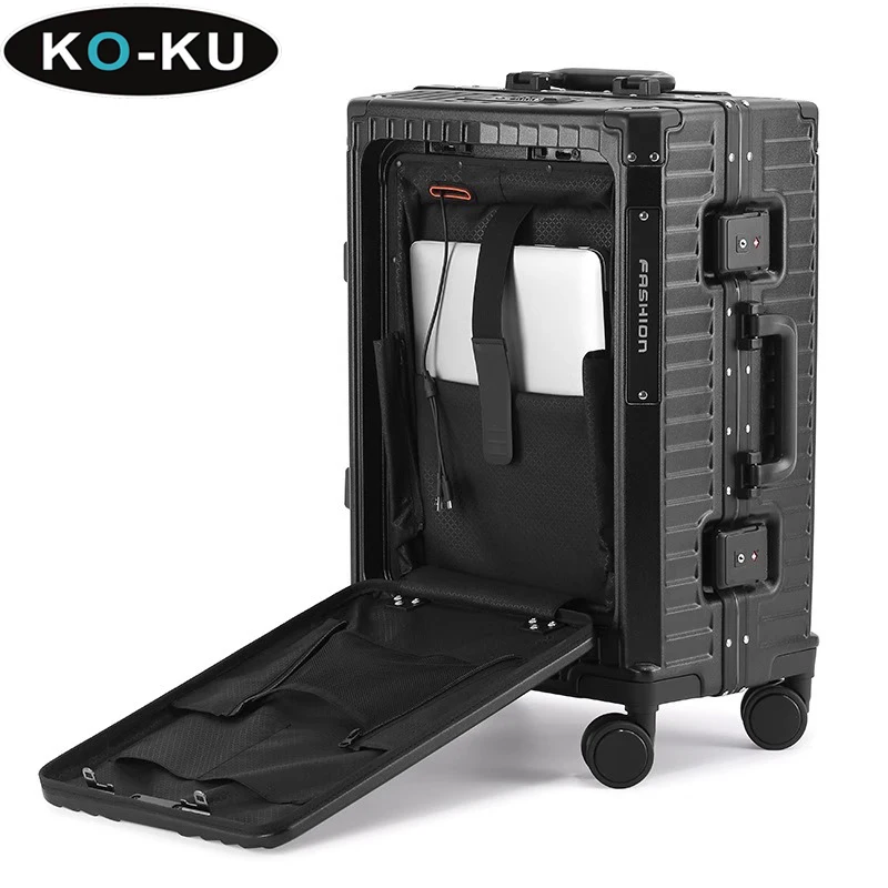 KO-KU Aluminium Frame Trolley Case Front Open Cover Multifunction Business Travel Suitcase Cup Holder USB Port 20\'\' Boarding Box