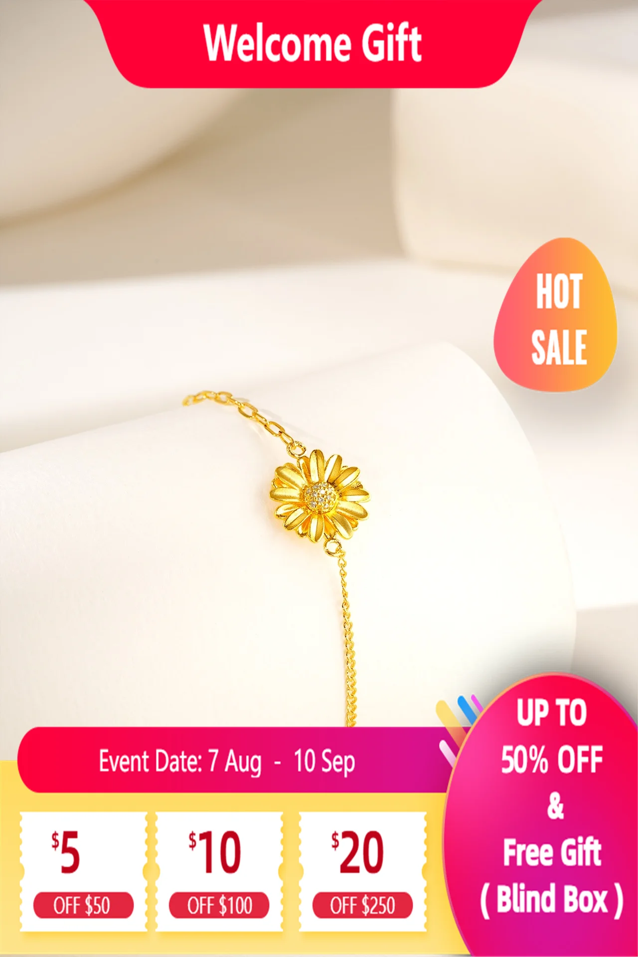 

Lium GemsChain Bracelet for Women 24K Gold Vermeil 925 Silver Daisy Dainty Adjustable Chain Cute Bracelet Trendy Jewelry