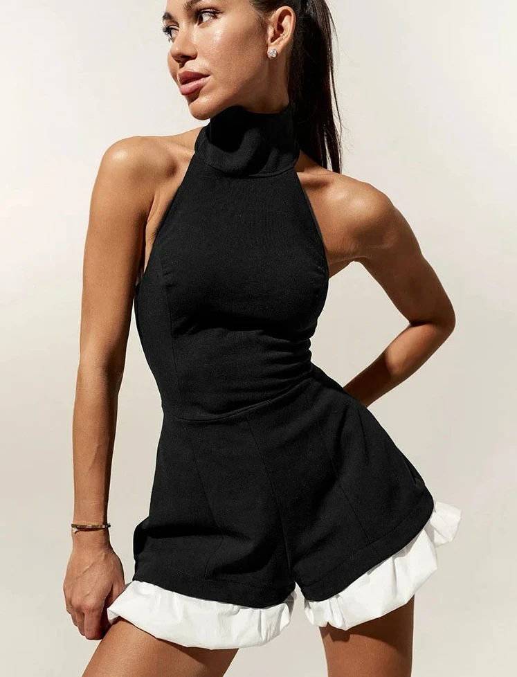 

Tossy Ruffled Patchwork Sexy Rompers Female Patchwork Off-Shoulder High Waist Contrast Summer Women's Jumpsuit Bodysuits