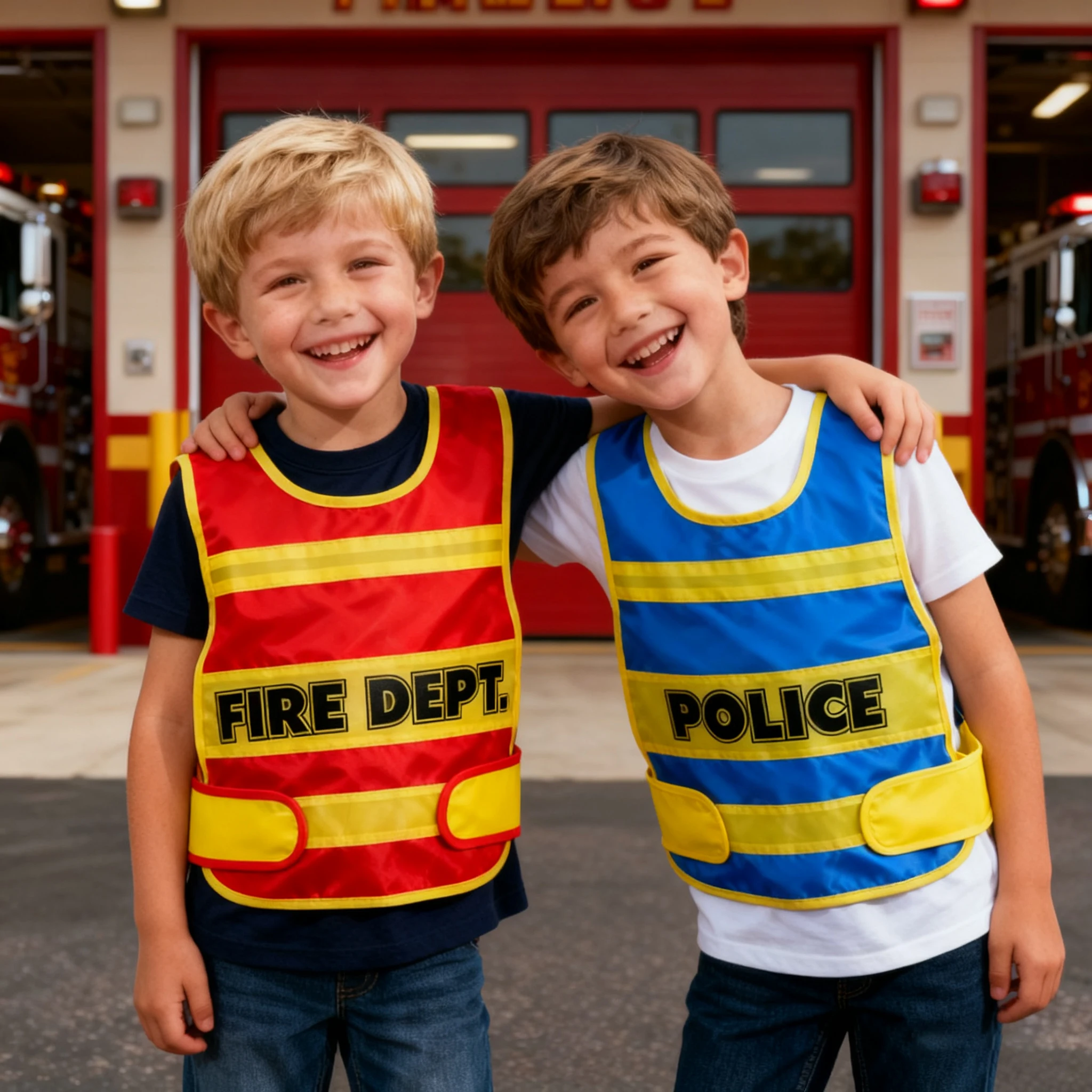 Two types of professional role-playing costumes, firefighters, traffic police role-playing vests, children's play props