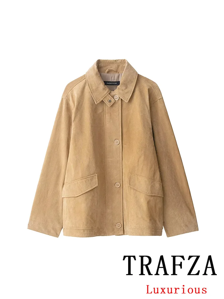 

TRAFZA Vintage Casual Chic Women Jackets Khaki Solid Turn-down Collar Single Breasted Pockets Coats New Fashion 2025 Autumn Coat
