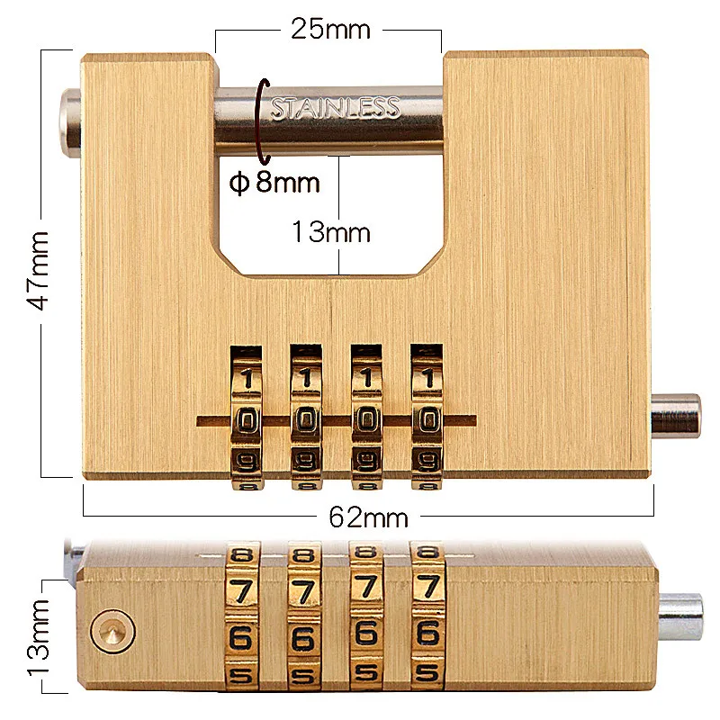 Solid Brass Rectangular Code Lock Outdoor Waterproof Anti-Rust Brass Rectangular Padlock with Password Required