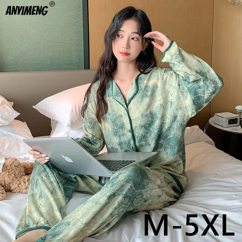 M-5XL Autumn Winter Woman Pajamas Set Chic Lapel Collar Sleepwear Lady Home Clothes Soft Faux Cotton Nightwear Casual Pijamas